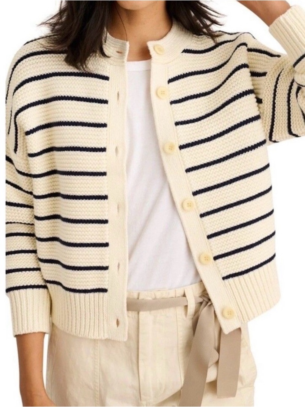 Alex Mill Tuckernuck Academia Nico Cream and Navy Striped Button-Front Cardigan